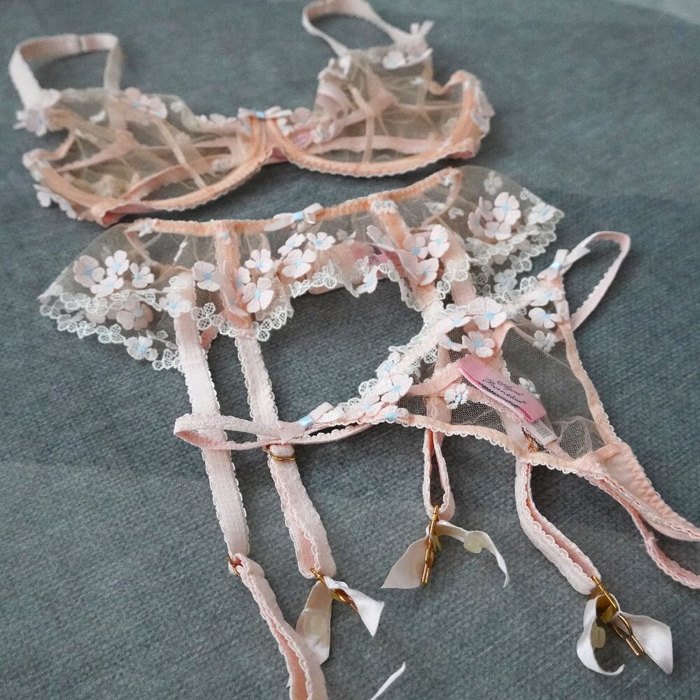 Agent Provocateur Peach + Blue Bethanie Full Cup Underwire Set 32E 32DDD 10E 70F